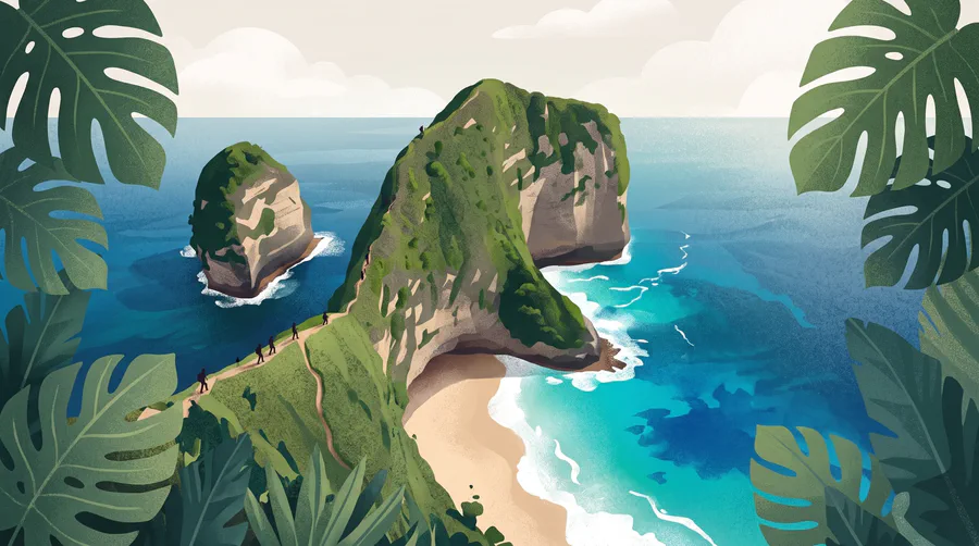 Illustrazione di un promontorio a forma di T che precipita in acque turchesi, figure minuscole sul sentiero della falesia