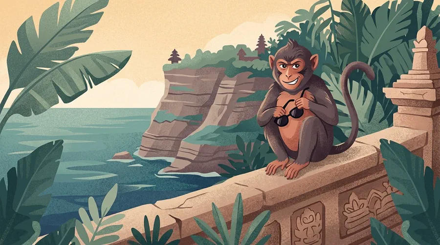 Illustrazione di un macaco con occhiali da sole rubati su un muro del tempio sopra le scogliere di Uluwatu