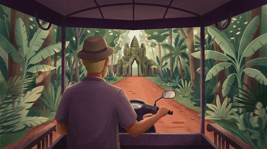 Illustrazione di una strada forestale di terra rossa vista dall'interno di un tuk-tuk, con una porta dalle torri a volti davanti