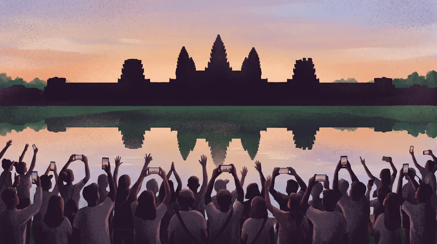 Illustrazione di una folla con i telefoni alzati allo stagno di Angkor Wat all'alba