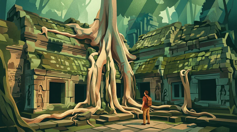 Illustrazione di un grande albero che riversa le radici su una galleria in rovina, con un viaggiatore minuscolo sotto