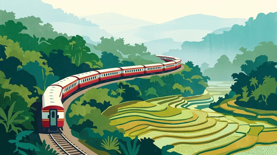 Illustration of a cream and red train curving through jungle hills above terraced rice fields
