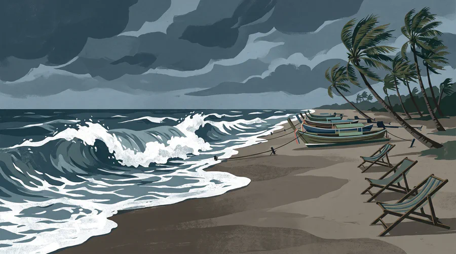 Illustrazione di una spiaggia monsonica con onde alte, barche longtail ormeggiate sulla sabbia e sdraio vuote