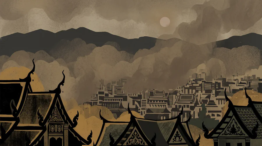 Illustrazione di tetti di tempio davanti a una città e a montagne perse nella foschia di fumo bruno, il sole un disco pallido