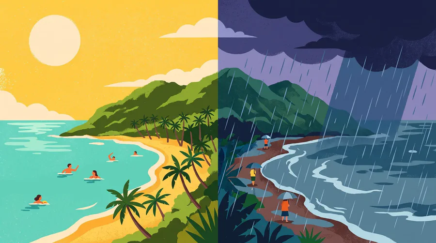 Illustrazione di una spiaggia divisa in due: bagnanti al sole a sinistra, ombrelli sotto il temporale a destra