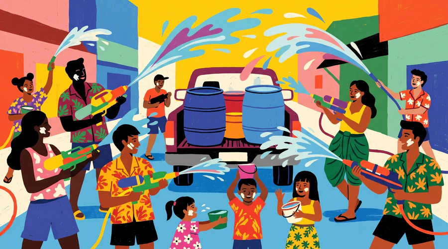 Illustrazione di una festa di strada per il Songkran, pistole ad acqua e tubi attorno a un pick-up carico di fusti