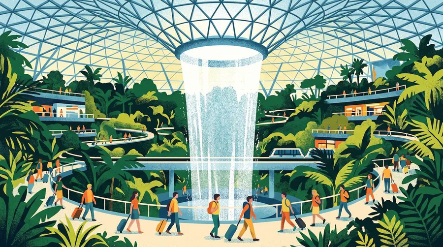 A ring of water falling through a glass dome into an indoor forest with travelers below