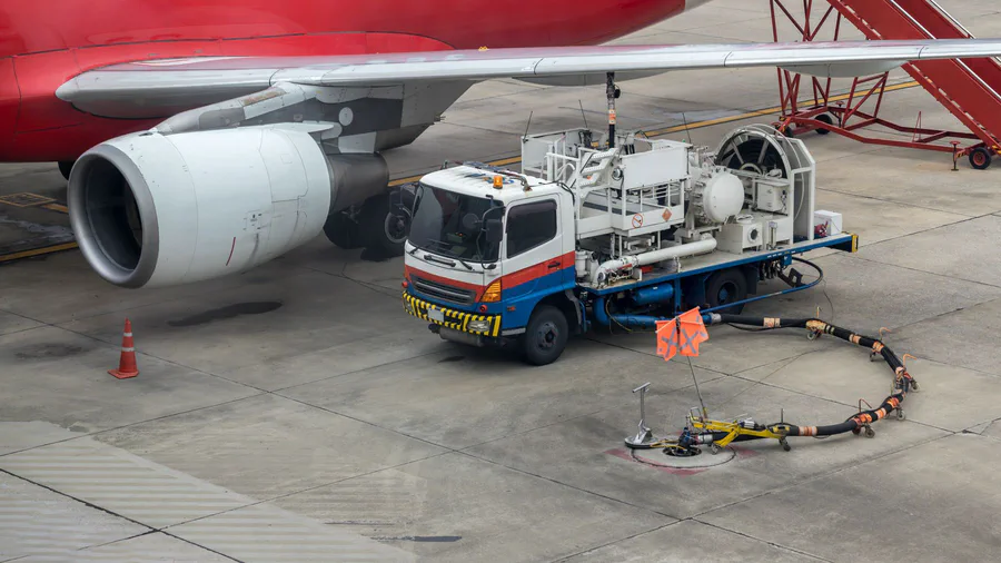 Un'autobotte sotto l'ala di un aereo, con il tubo collegato all'idrante del piazzale