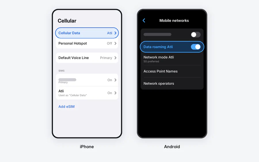 iPhone and Android settings screens with Atli set as the data line and data roaming on