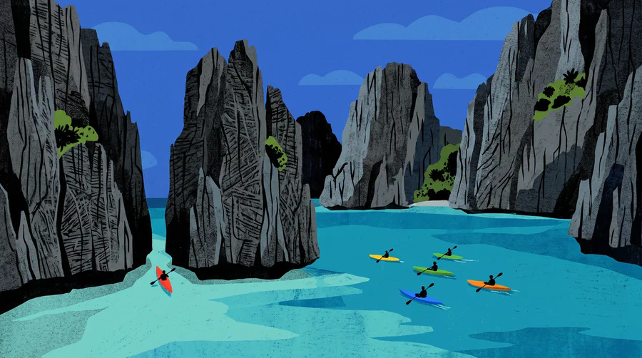 Illustrazione di kayak alla deriva tra pareti carsiche a picco su acque turchesi basse