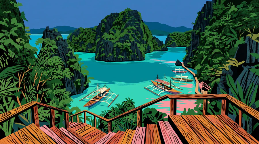 Illustrazione di una laguna incorniciata dalla roccia con barche a bilanciere, vista da gradini di legno
