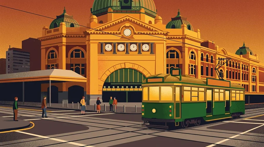 Illustration of a green and cream tram passing a grand yellow station building with a green dome and a row of clocks