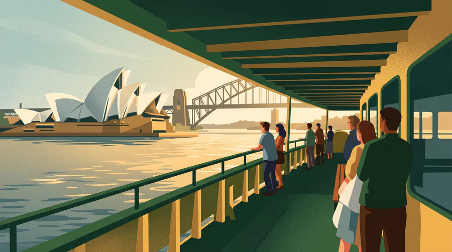 Illustration of ferry passengers at the rail as the boat passes the Opera House and Harbour Bridge