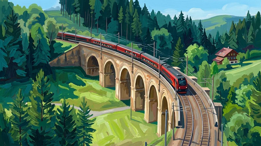 Illustration of a red passenger train crossing a tall stone arched viaduct in a forested alpine valley
