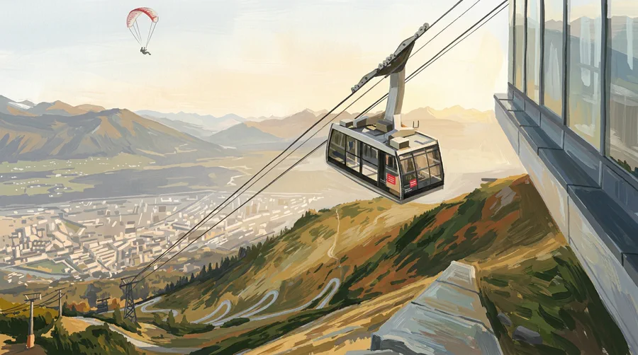 Illustration of a cable car cabin arriving at a mountain station high above a city spread across a valley floor