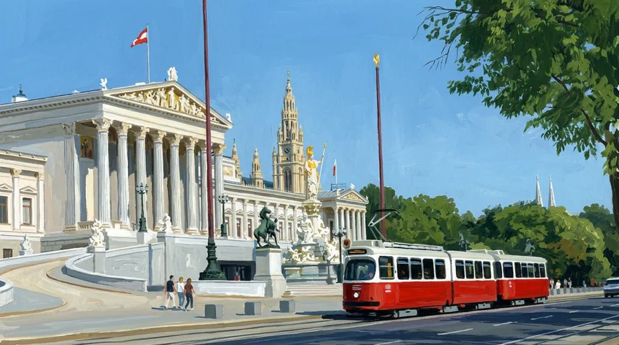 Illustration of a red city tram passing a grand columned parliament building on a wide boulevard