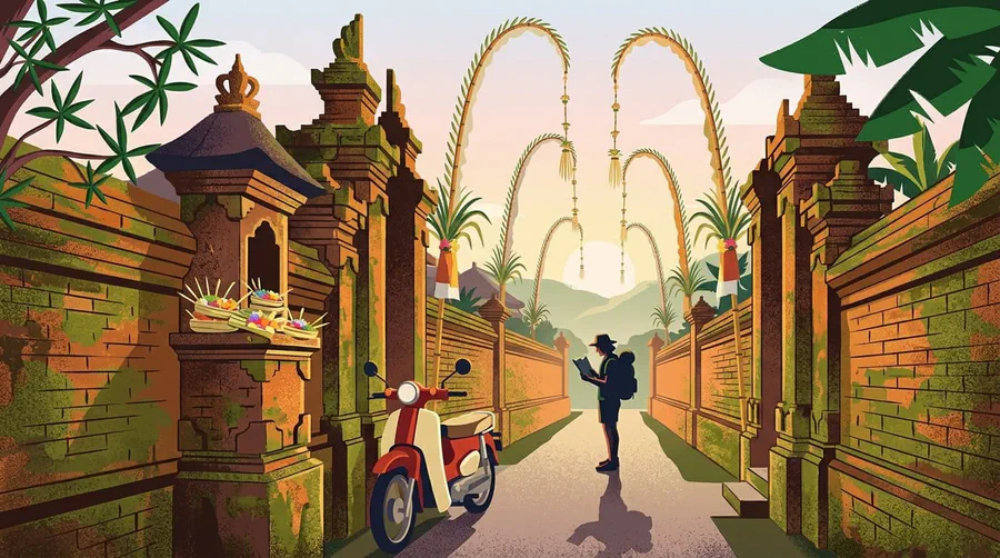 Illustration of a narrow walled lane with a parked scooter, shrine offerings and tall curved bamboo poles overhead