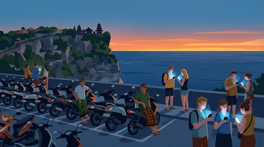 Illustration of travellers on lit phone screens in a scooter parking area at dusk, a clifftop temple beyond