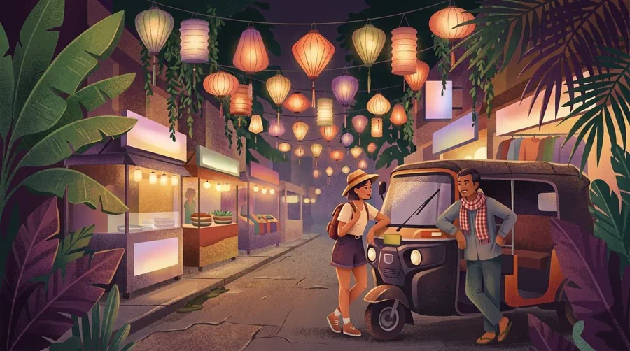 Illustrazione di una viaggiatrice e un autista di tuk-tuk che parlano sotto le lanterne in un vicolo di mercato notturno