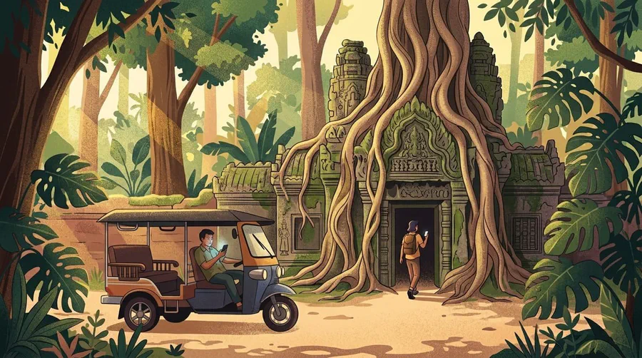 Illustrazione di un autista di tuk-tuk che guarda il telefono davanti a una porta di tempio coperta di radici mentre esce un viaggiatore