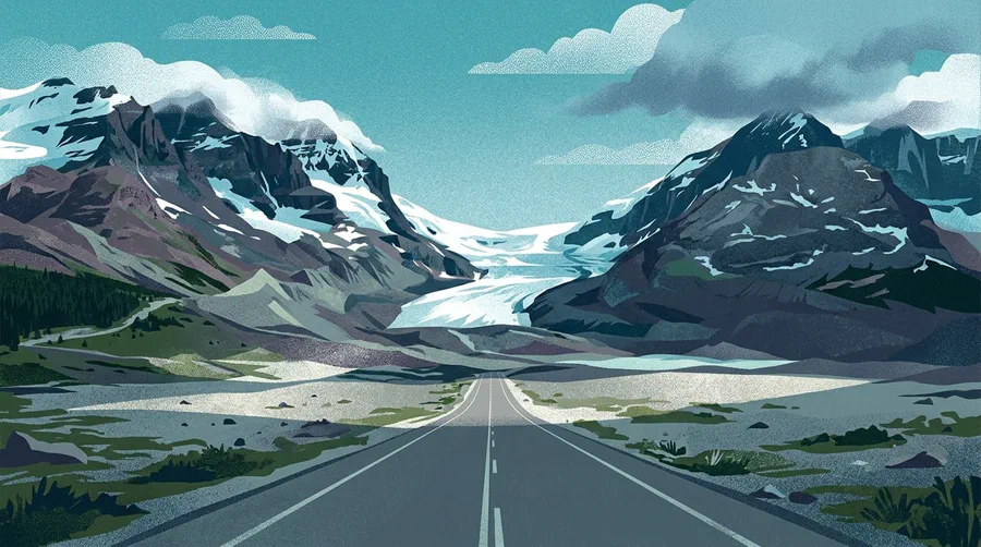 Illustration of an empty highway leading toward a glacier flowing down between two mountains