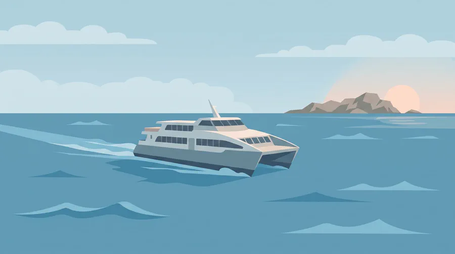 Illustration of a fast passenger catamaran crossing open sea, a rocky island low on the horizon