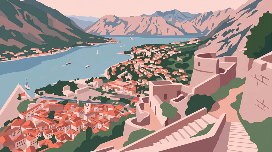 Illustration of a walled old town on a narrow bay below steep bare mountains, fortress walls climbing the slope