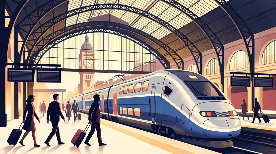 Illustration of a double-decker high-speed train at a Paris station platform under an iron and glass roof