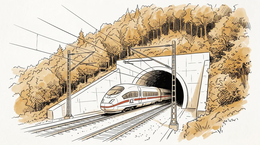 Illustration of a high-speed train at a tunnel portal in a wooded hillside