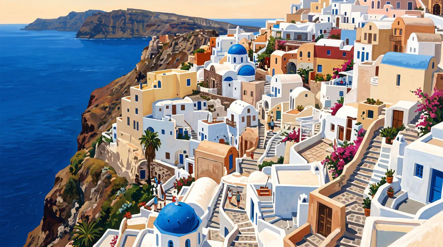 Illustration of white cube houses with blue domes stacked down a steep volcanic cliff above deep water