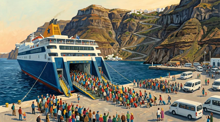 Illustration of foot passengers streaming down a ferry ramp onto a quay under high cliffs, minibuses waiting