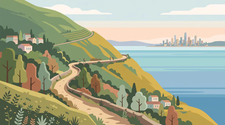 Illustration of a footpath along a green hillside above the sea, a distant city skyline across the water