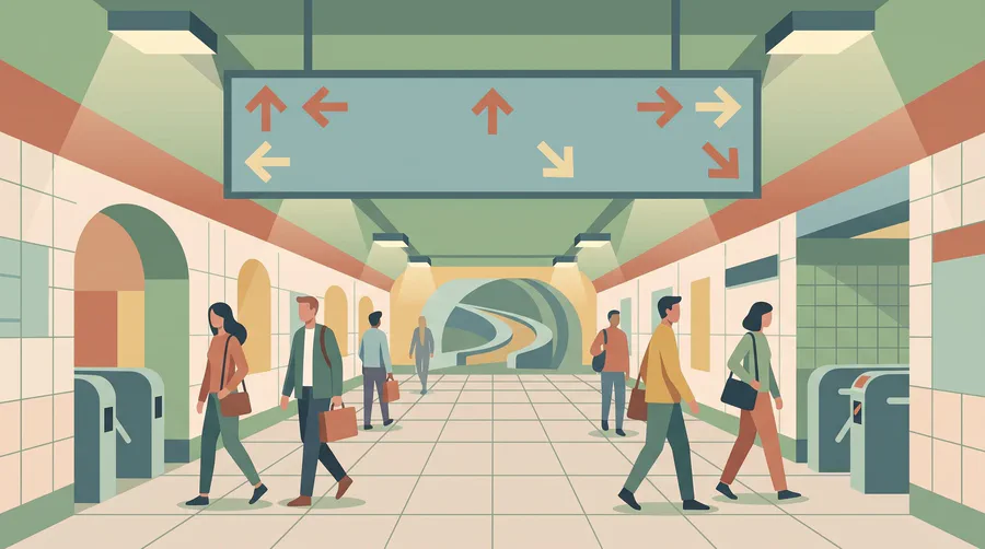 Illustration of an underground station concourse with turnstile gates and an overhead sign board of directional arrows