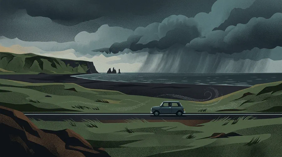 Illustration of a lone car on a coastal road under a storm front, with sea stacks offshore