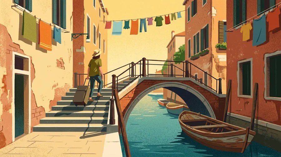 Illustration of a traveller pulling a suitcase up stone steps beside a small canal bridge with laundry overhead