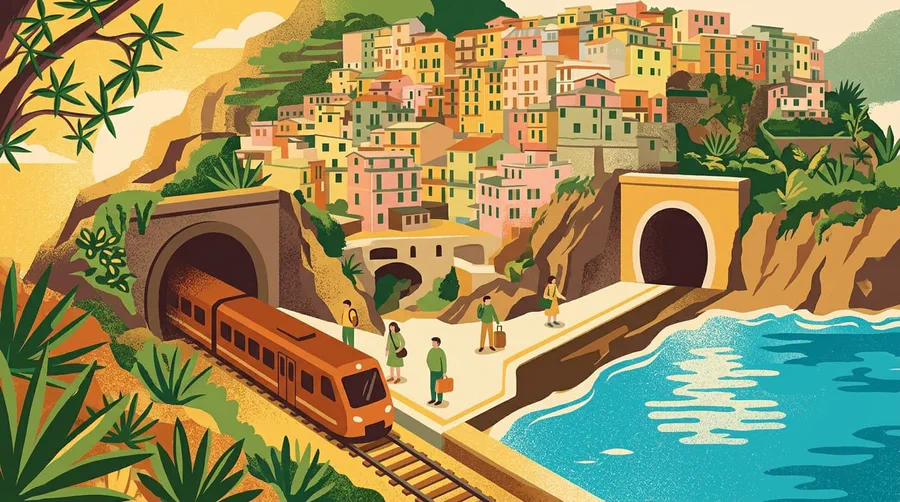 Illustration of a train leaving a tunnel beside the sea, below a village of pastel houses on the cliff