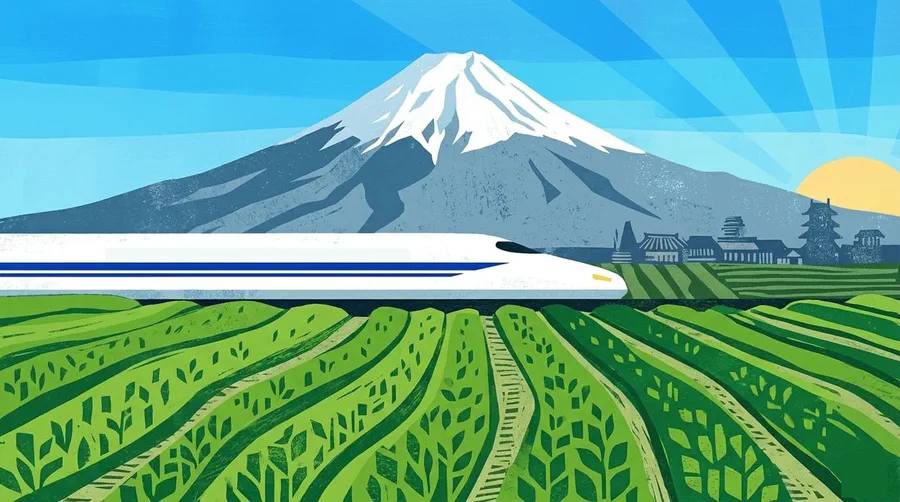 Illustration of a white bullet train passing tea fields below Mount Fuji