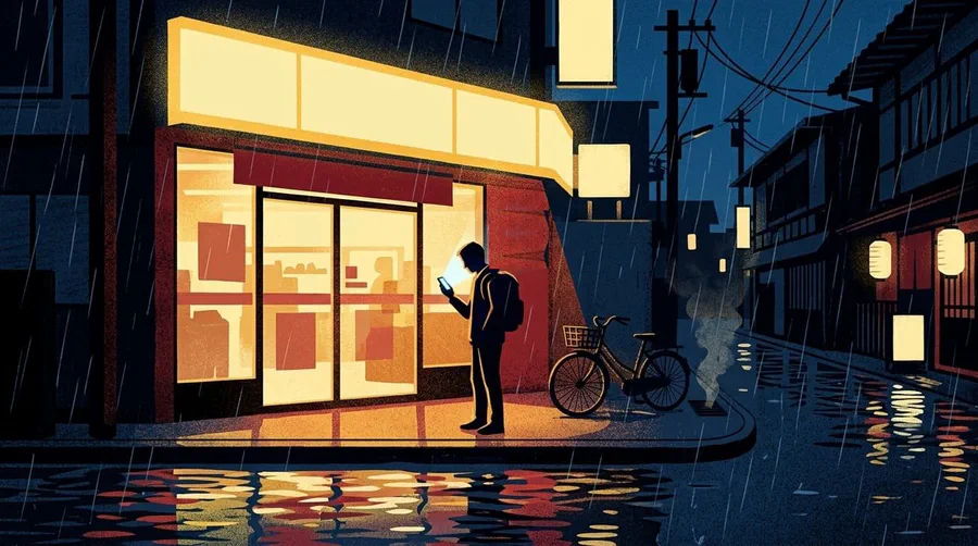 Illustration of a traveller checking a phone under a shop awning on a rainy night street