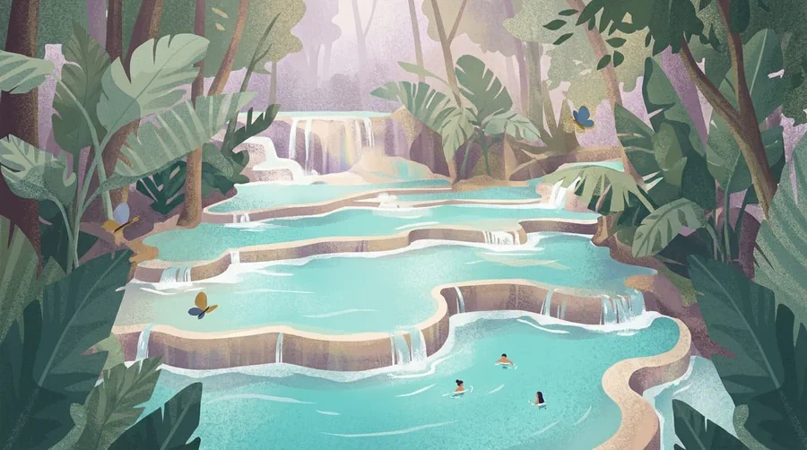 Illustrazione di vasche turchesi a terrazze di una cascata nella foresta con alcuni bagnanti