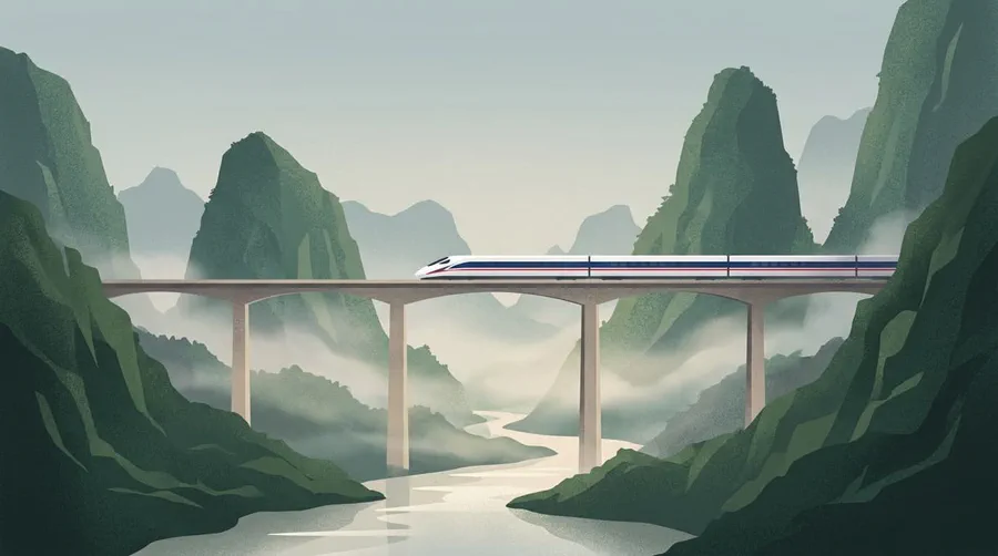 Illustrazione di un treno bianco che attraversa un alto viadotto tra montagne carsiche nebbiose