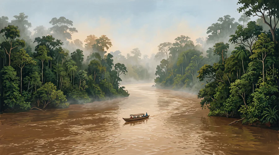 Illustration of a slow brown river between dense rainforest, a narrow boat low in the water, mist on the treetops