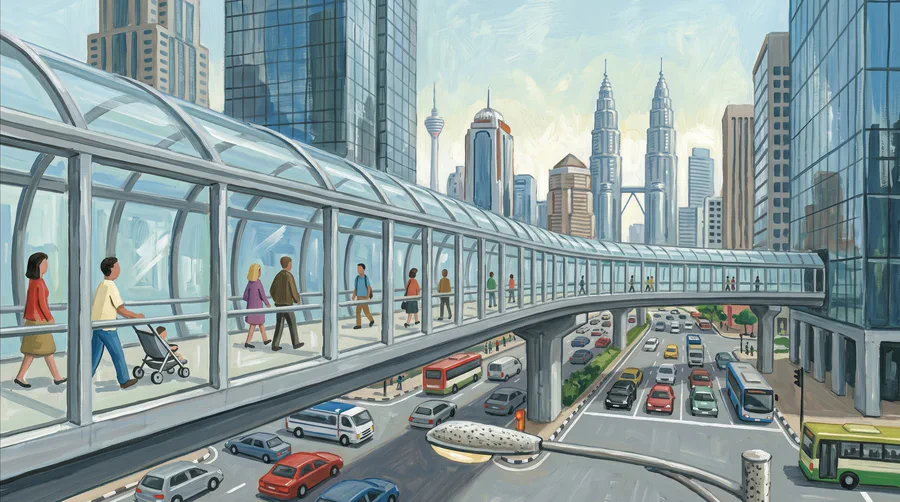 Illustration of a covered pedestrian walkway raised above traffic, curving between glass towers