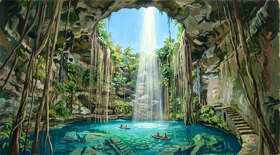 Illustration of a round limestone sinkhole open to the sky, a shaft of light falling on turquoise water, roots hanging down the walls