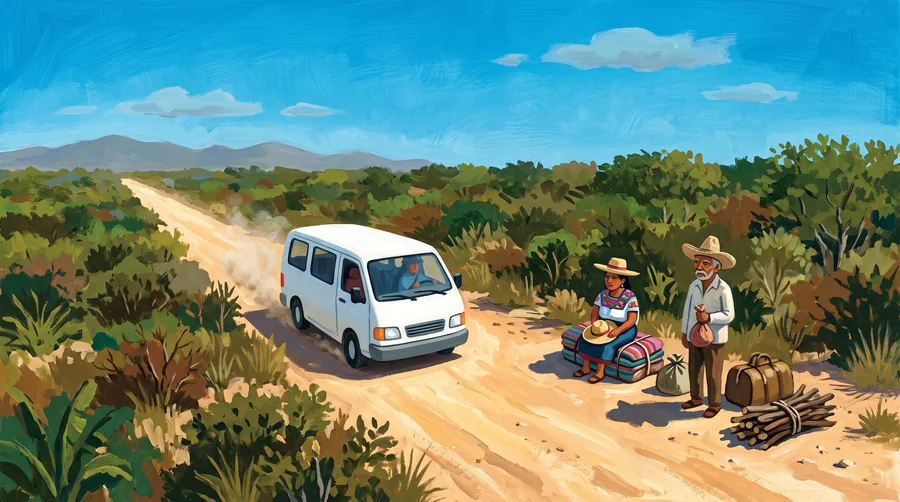 Illustration of a white passenger van on a dirt road through low scrub, two people waiting at the roadside with bundles