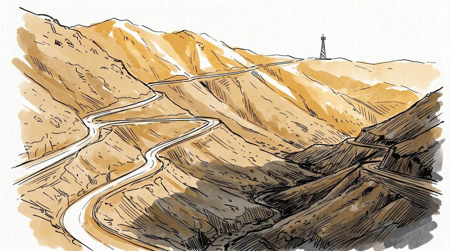 Illustration of a switchback road in the High Atlas with a single mast on the ridge