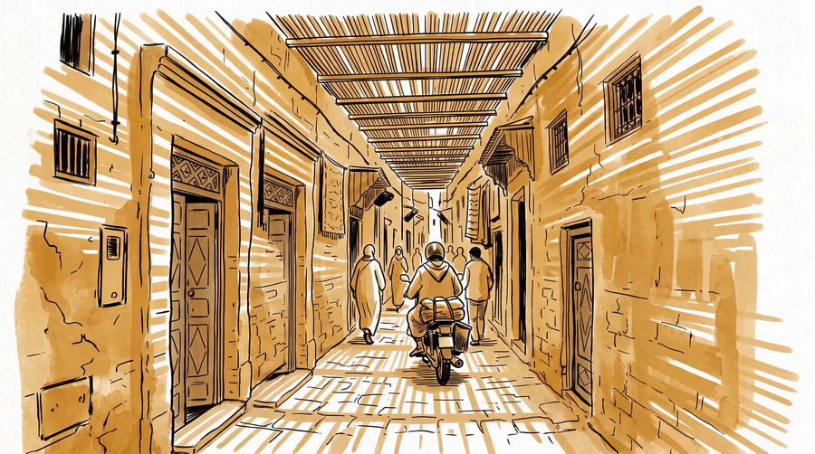 Illustration of a covered souk lane in the Marrakech medina, a motorbike passing under slatted roofing