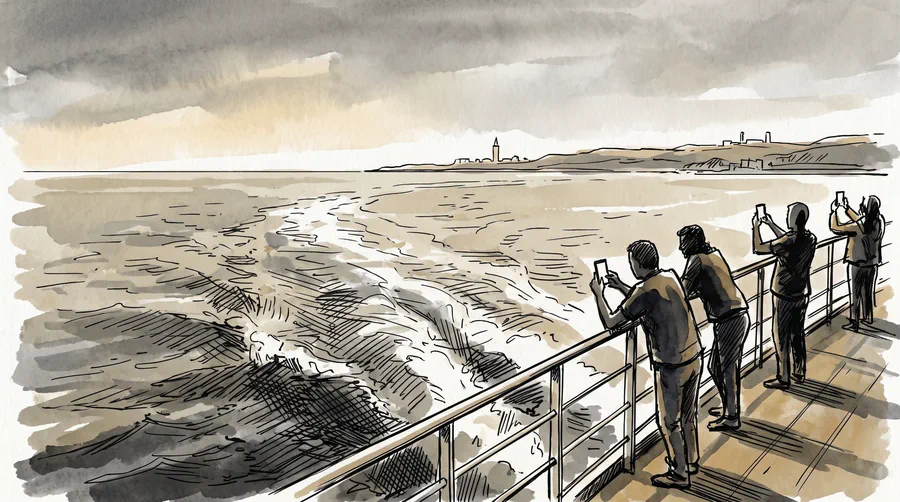 Illustration of ferry passengers at the rail watching the far coast across the strait
