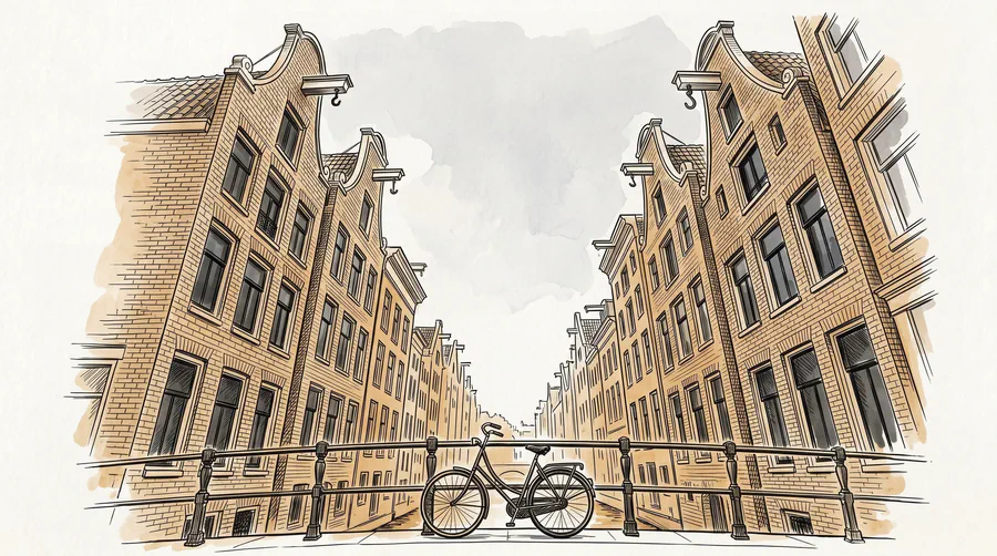 Illustration of tall brick canal houses seen from the street, hoisting beams at the gables