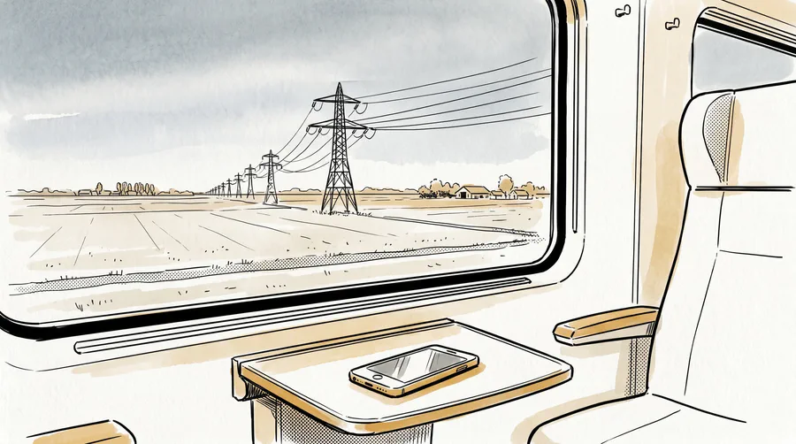 Illustration of a window seat on a Dutch intercity train, a phone on the tray table and polder outside