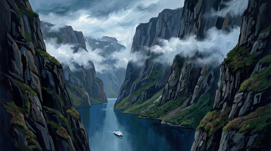 Illustration of sheer rock walls dropping into narrow still water, a small ferry far below, cloud low between the walls